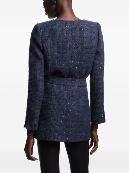Emporio Armani Dark Blue Tweed Wool-Blend Mini Skirt with Sequin Embellishment Blue