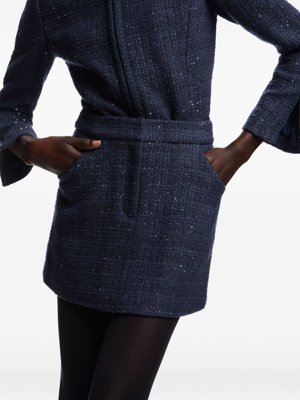 Emporio Armani Dark Blue Tweed Wool-Blend Mini Skirt with Sequin Embellishment Blue
