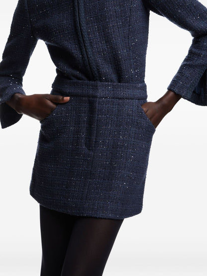 Emporio Armani Dark Blue Tweed Wool-Blend Mini Skirt with Sequin Embellishment Blue