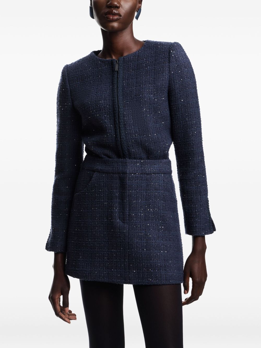 Emporio Armani Dark Blue Tweed Wool-Blend Mini Skirt with Sequin Embellishment Blue