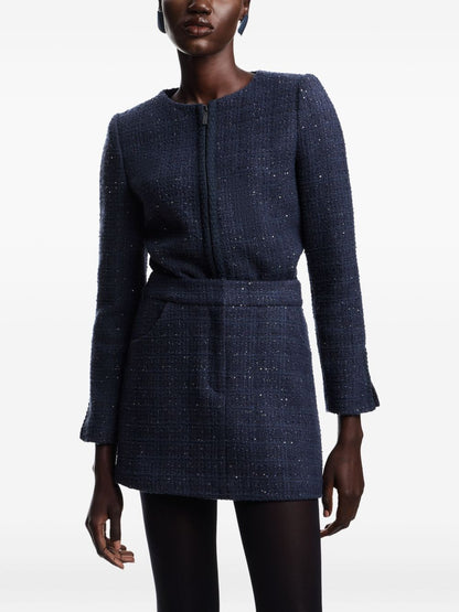 Emporio Armani Dark Blue Tweed Wool-Blend Mini Skirt with Sequin Embellishment Blue