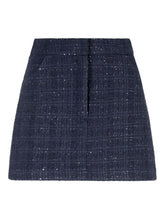 Emporio Armani Dark Blue Tweed Wool-Blend Mini Skirt with Sequin Embellishment Blue