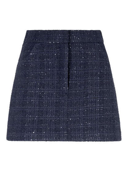 Emporio Armani Dark Blue Tweed Wool-Blend Mini Skirt with Sequin Embellishment Blue