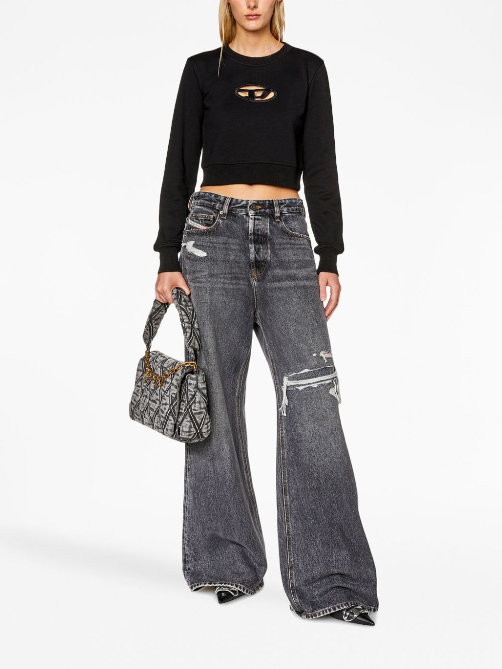 Diesel Cut-Out Cropped Cotton-Blend Sweatshirt Black