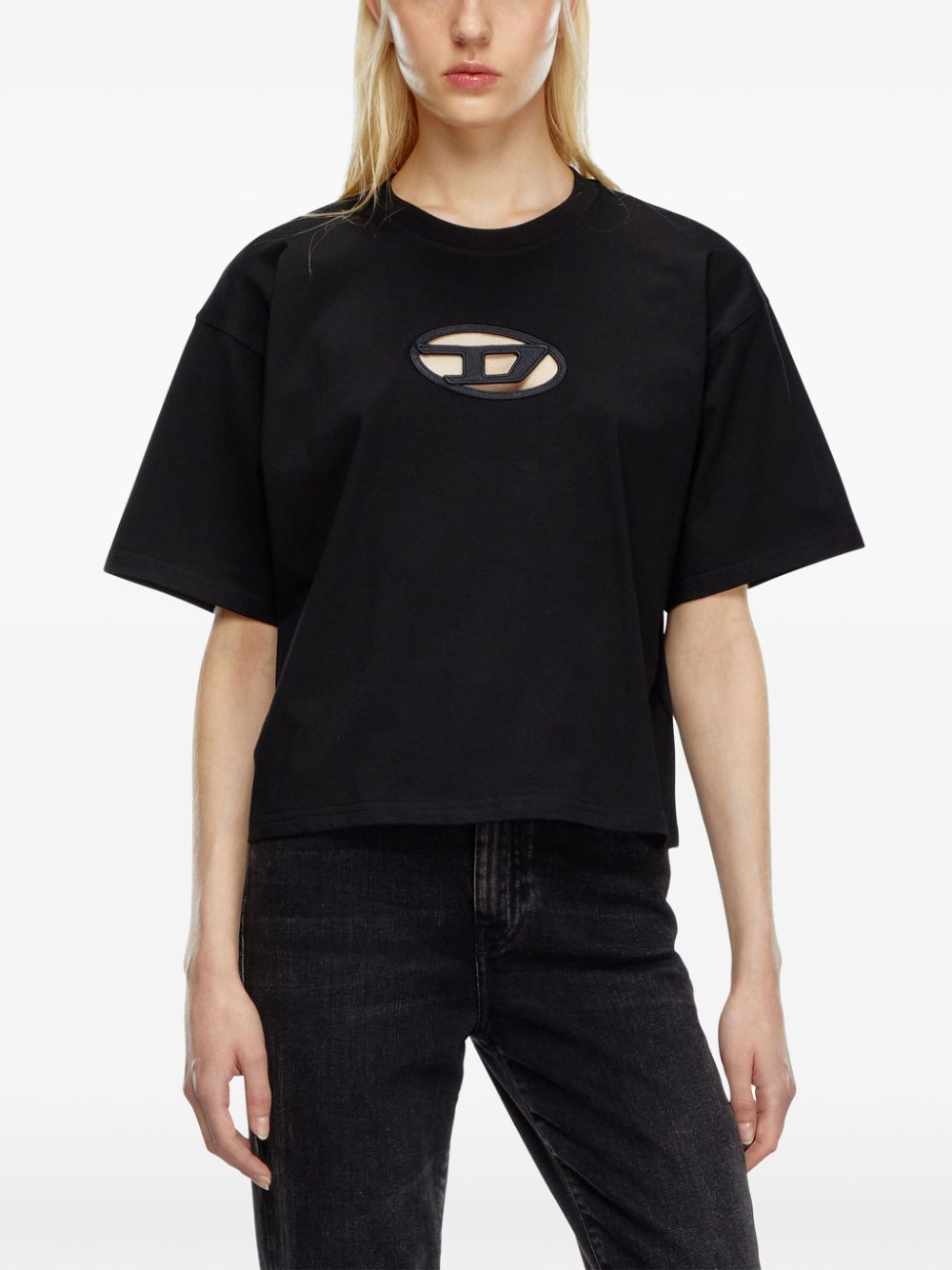 Diesel Cropped Organic Cotton T-shirt with Oval D Logo Black Black