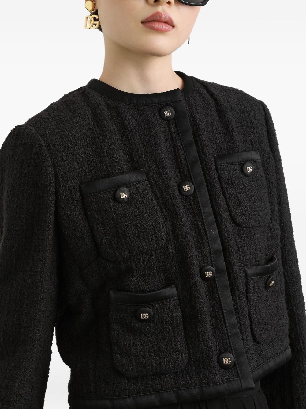 Dolce &amp; Gabbana Black Cotton Blend Crew Neck Jacket with Patch Pockets Black