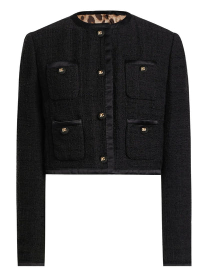 Dolce &amp; Gabbana Black Cotton Blend Crew Neck Jacket with Patch Pockets Black