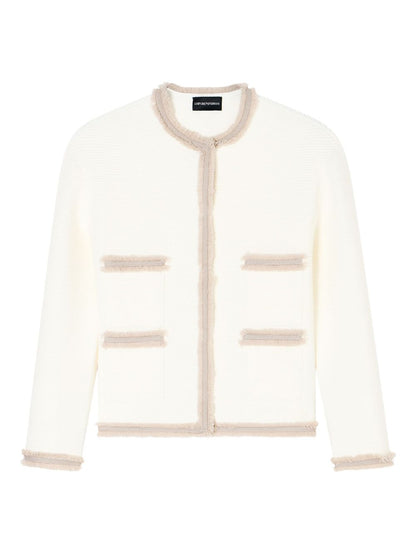 Emporio Armani Fringe-Trim White Crewneck Blazer Jacket White