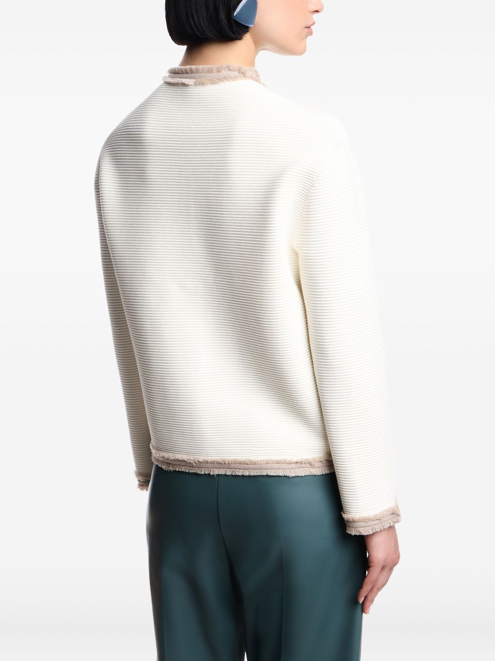 Emporio Armani Fringe-Trim White Crewneck Blazer Jacket White