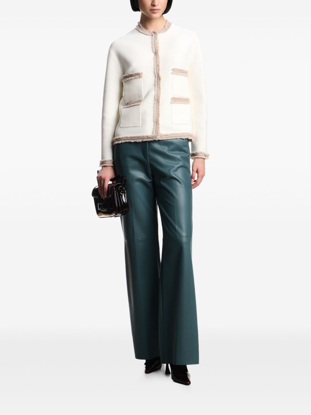 Emporio Armani Fringe-Trim White Crewneck Blazer Jacket White
