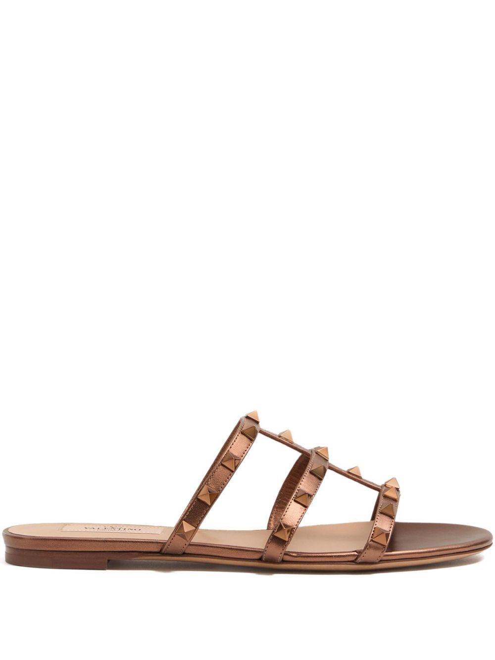 Valentino Garavani Rockstud Laminated Nappa Leather Low Slide Sandals Brown