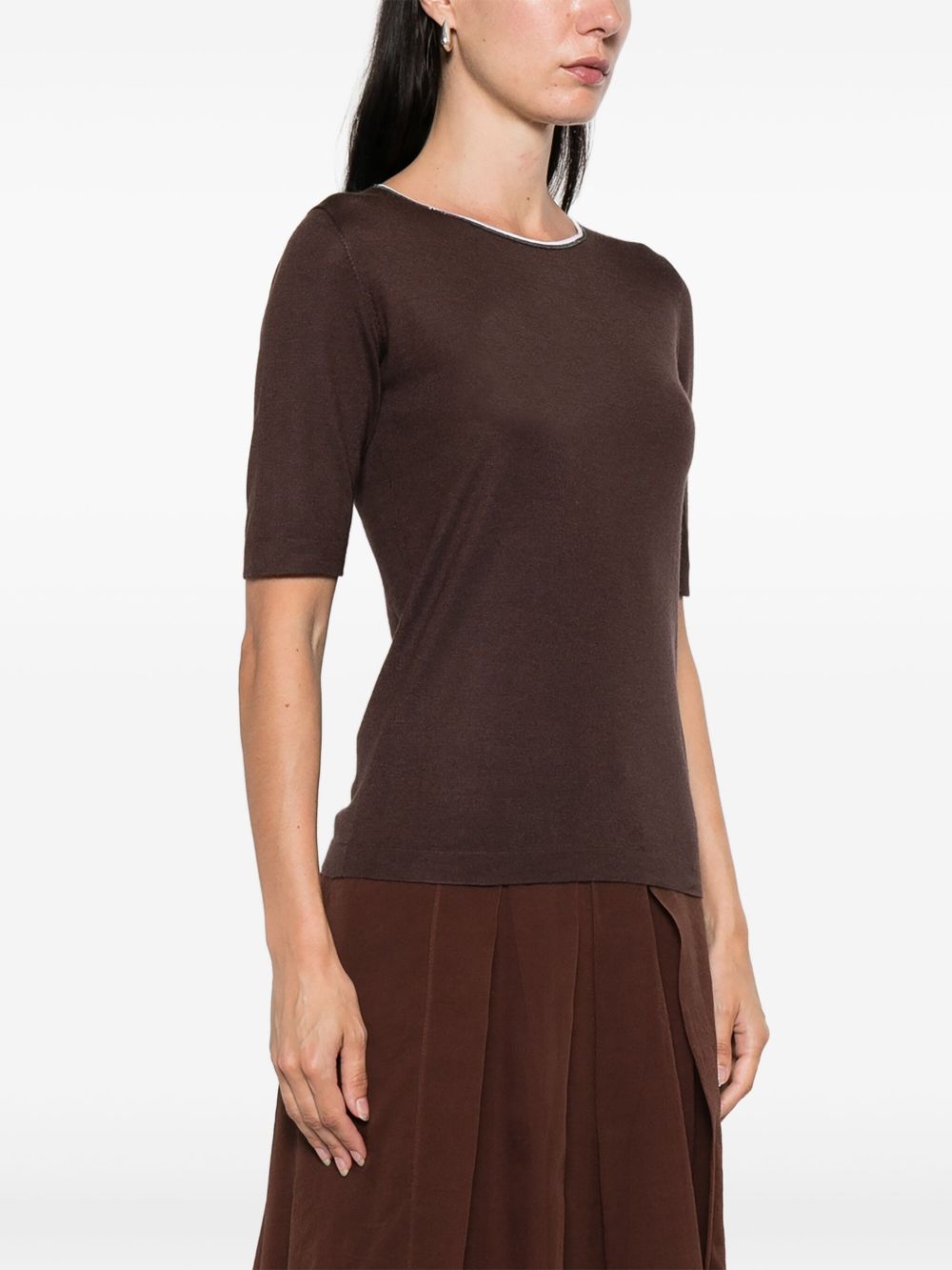 Brunello Cucinelli Crew Neck Short-Sleeve Cashmere and Silk Sweater Brown Brown
