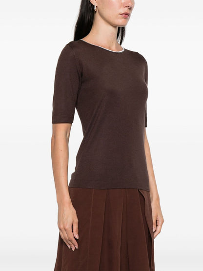 Brunello Cucinelli Crew Neck Short-Sleeve Cashmere and Silk Sweater Brown Brown