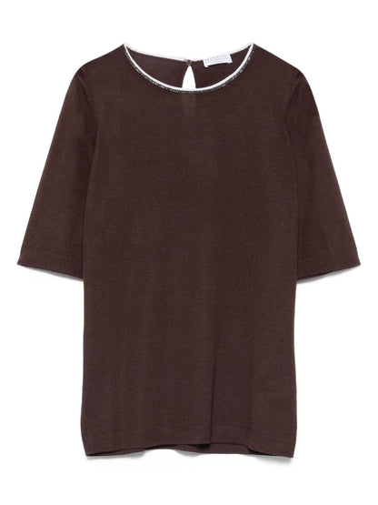 Brunello Cucinelli Crew Neck Short-Sleeve Cashmere and Silk Sweater Brown Brown