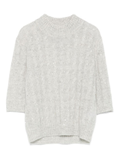 Brunello Cucinelli High Neck Short Sleeve Wool Knitted Sweater Grey Grey