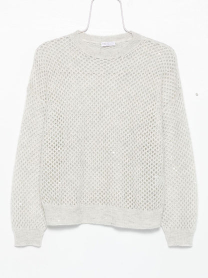 Brunello Cucinelli Light Grey Wool Mesh Long-Sleeve Sweater Grey