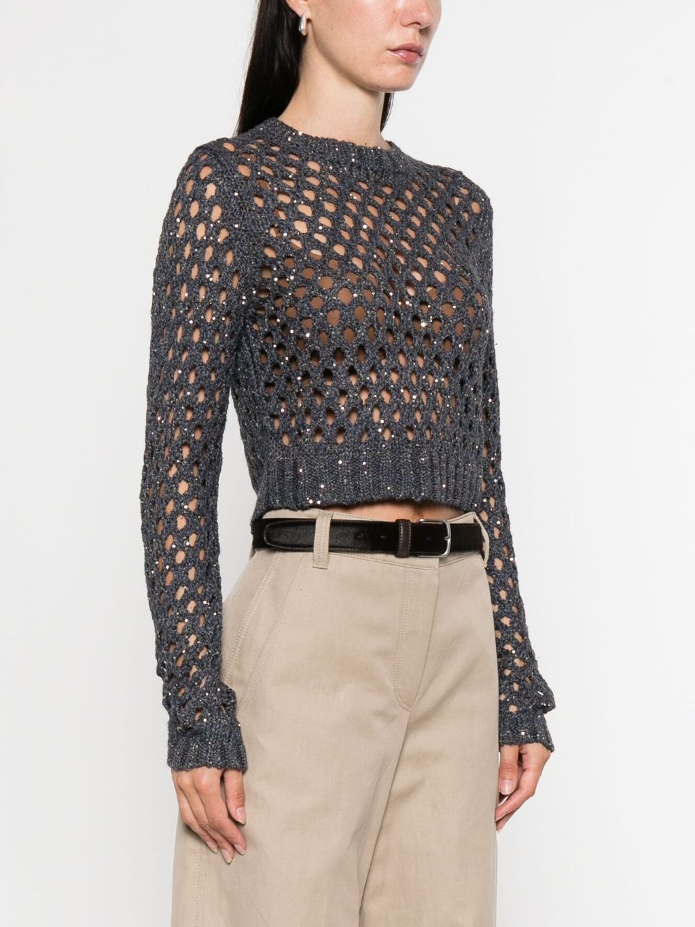 Brunello Cucinelli Open-Knit Sequin-Embellished Crewneck Sweater Blue