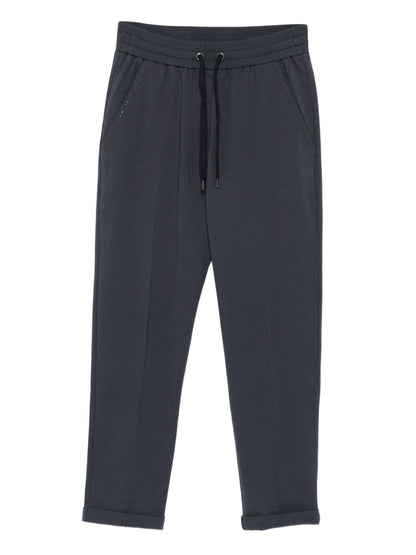 Brunello Cucinelli Navy Cotton Drawstring Waist Trousers Blue