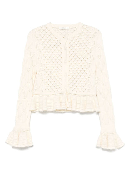 Chloè Wool and Silk Cardigan with Ruffled Cuffs White