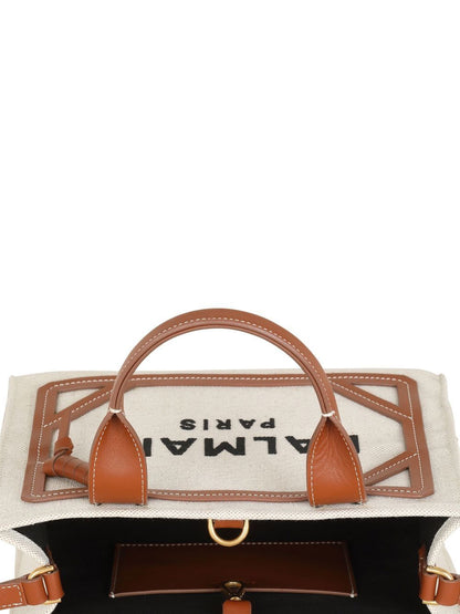 Balmain B-Army Small Canvas Tote Bag Leather Brown