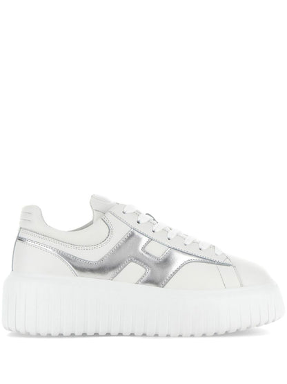 Hogan Pre H-Stripes Metallic Leather Flatform Sneakers Silver