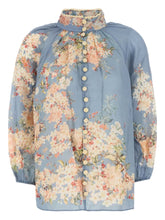 Zimmermann Cascadian Billow Printed Floral Blouse Clear Blue