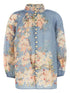 Zimmermann Cascadian Billow Printed Floral Blouse Clear Blue