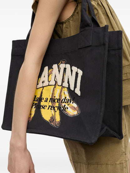 Ganni Large Organic Cotton &amp; Silk Tote Bag Black
