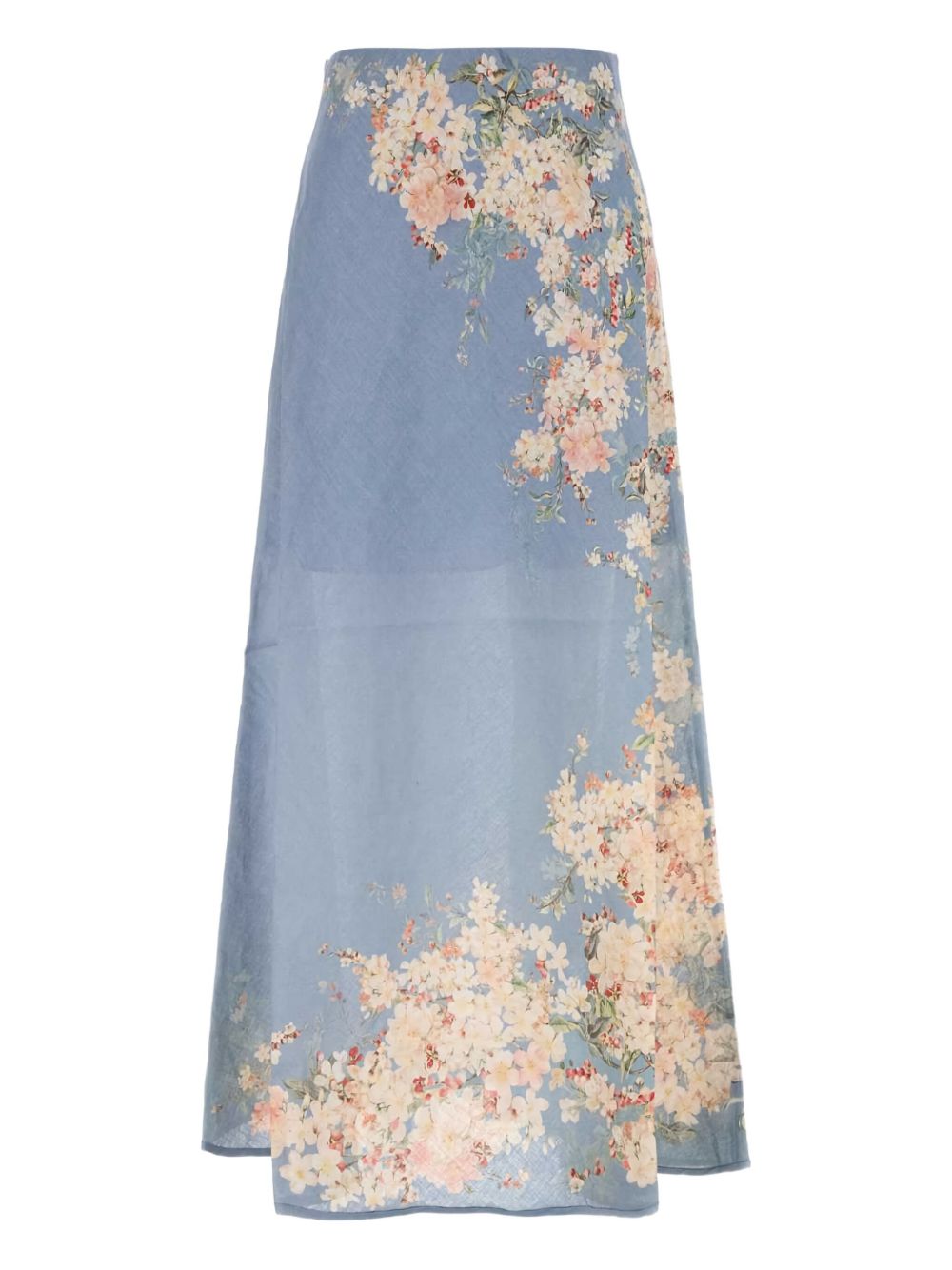 Zimmermann Cascadian Bias Floral-Print Linen Midi Skirt Clear Blue