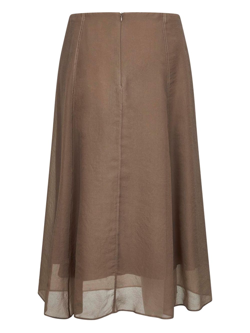 Brunello Cucinelli Silk Flared Midi Skirt with Contrast Stitching Beige