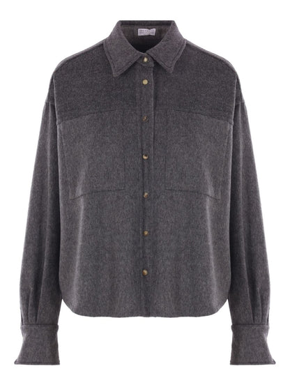 Brunello Cucinelli Virgin Wool Grey Shirt with Horn Buttons and Long Sleeves Grey