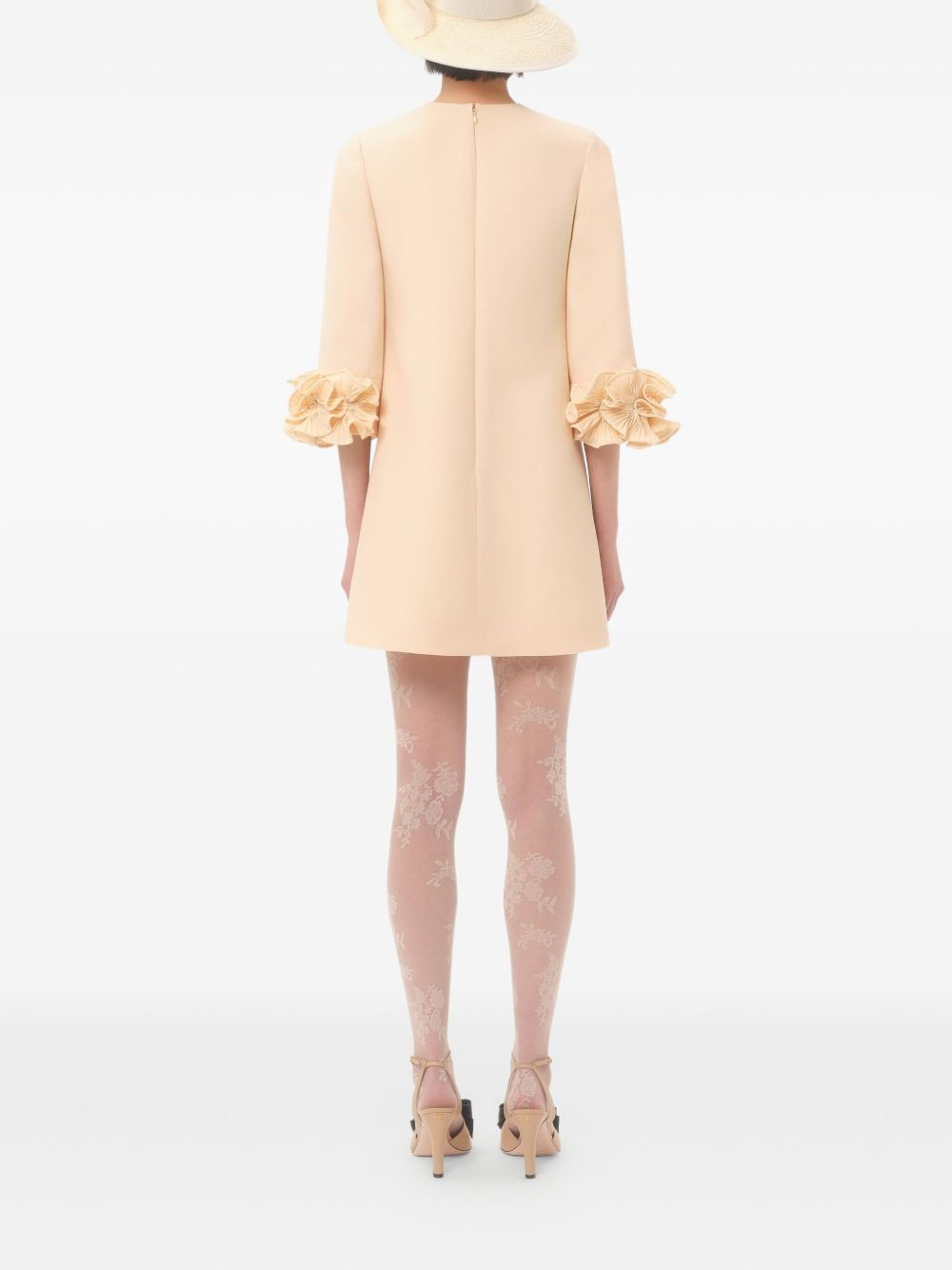 Valentino Crepe Couture Floral-Appliqué Wool-Silk Mini Dress Beige
