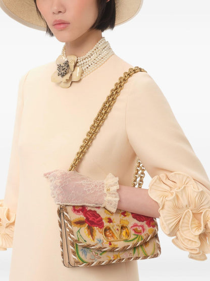Valentino Crepe Couture Floral-Appliqué Wool-Silk Mini Dress Beige