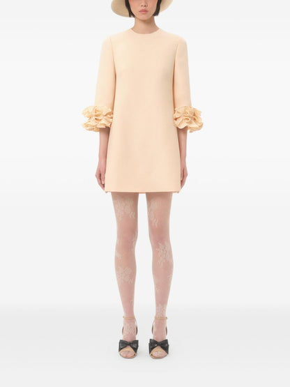 Valentino Crepe Couture Floral-Appliqué Wool-Silk Mini Dress Beige