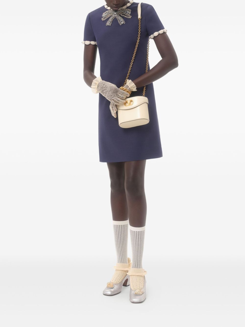 Valentino Short Embroidered Crepe Couture Dress Blue