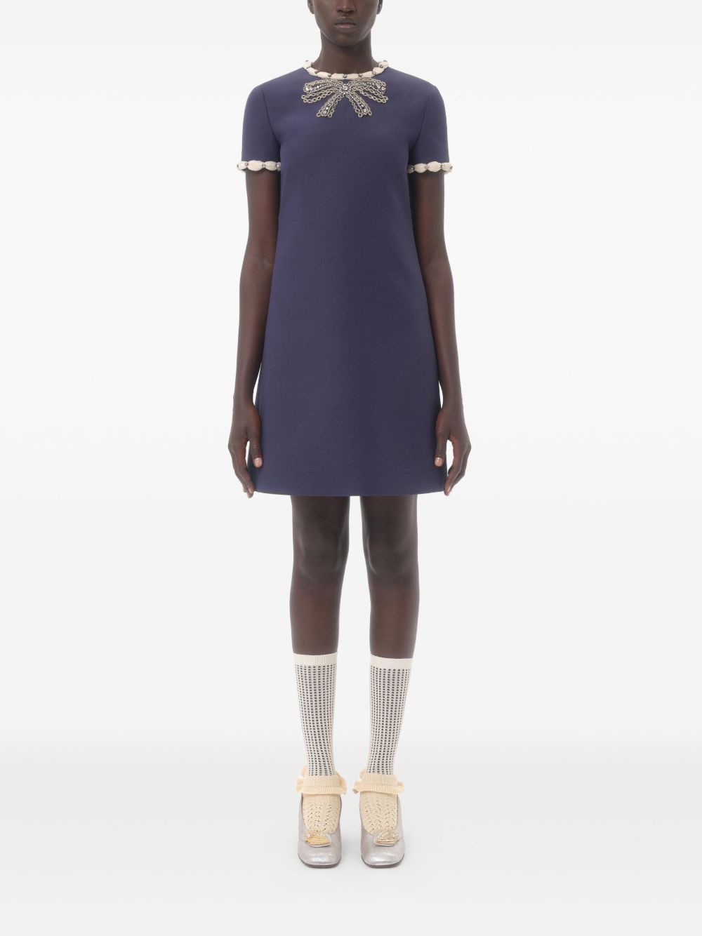 Valentino Short Embroidered Crepe Couture Dress Blue