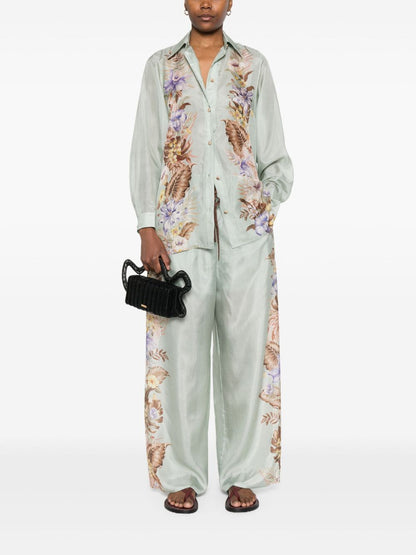 Zimmermann Coco Printed Wide-Leg Silk Trousers Aqua Green