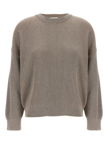 Brunello Cucinelli Cotton Crewneck Sweater with Drop Shoulders Light Brown