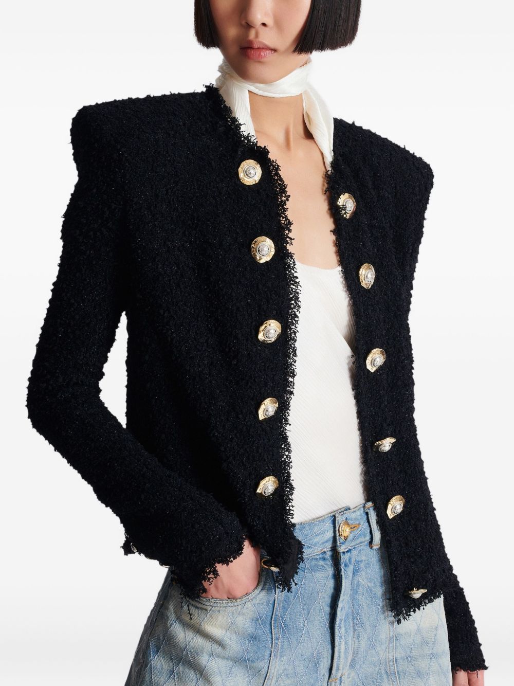 Balmain Edge-to-Edge Black Tweed Short Jacket with Decorative Buttons Black