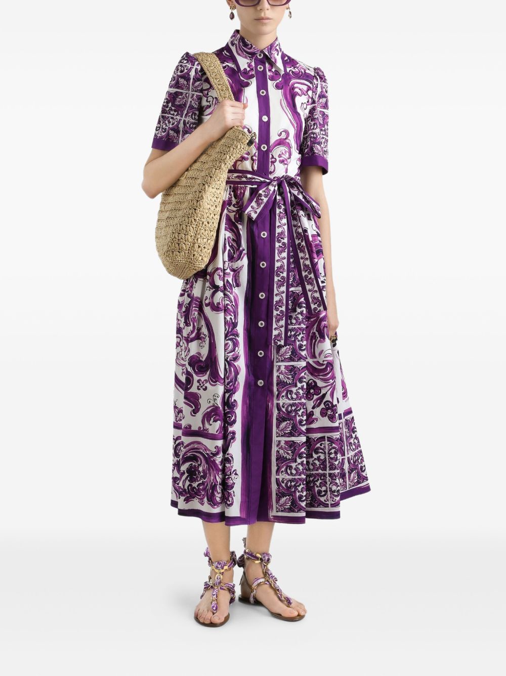Dolce & Gabbana Maiolica Print Cotton Shirt Dress Purple