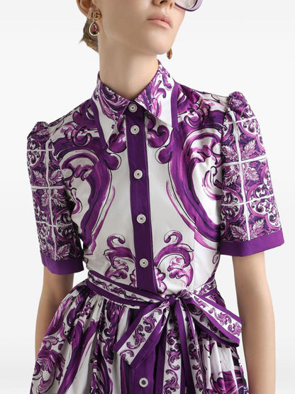 Dolce &amp; Gabbana Maiolica Print Cotton Shirt Dress Purple
