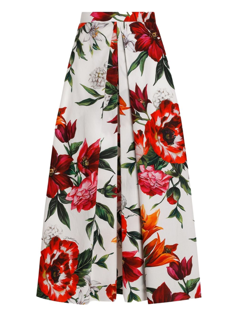 Dolce &amp; Gabbana Pleated Anemoni Print Cotton Midi Skirt White White