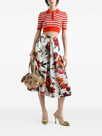 Dolce &amp; Gabbana Pleated Anemoni Print Cotton Midi Skirt White White