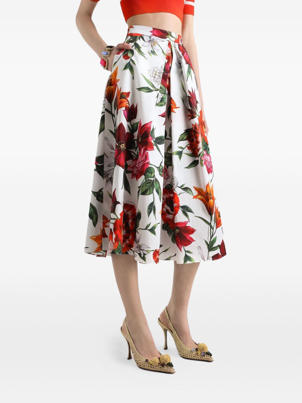 Dolce &amp; Gabbana Pleated Anemoni Print Cotton Midi Skirt White White