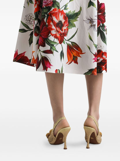 Dolce &amp; Gabbana Pleated Anemoni Print Cotton Midi Skirt White White