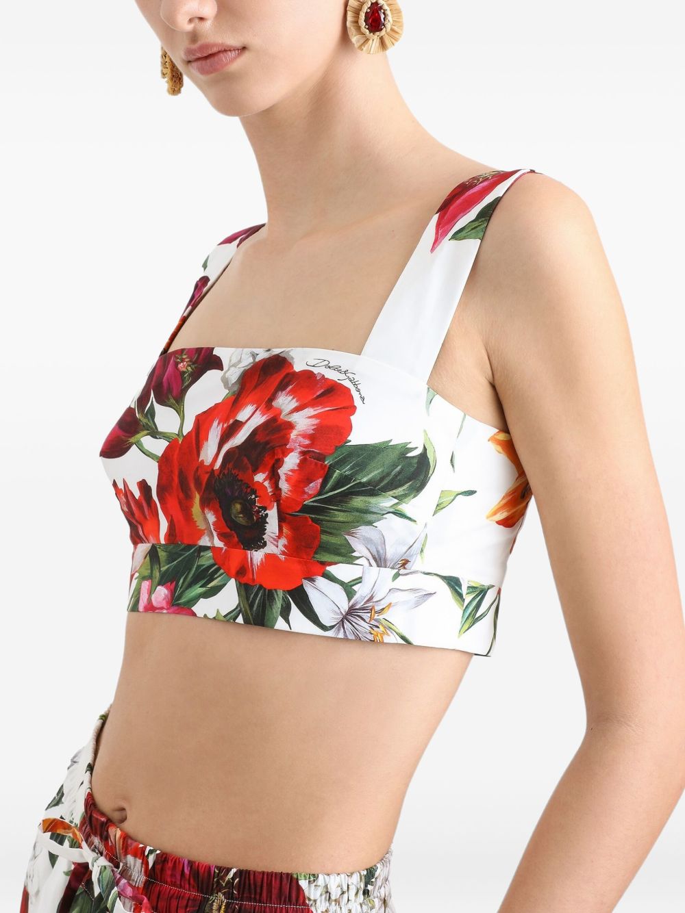 Dolce &amp; Gabbana Square-Neck Cropped Floral-Print Cotton Top White