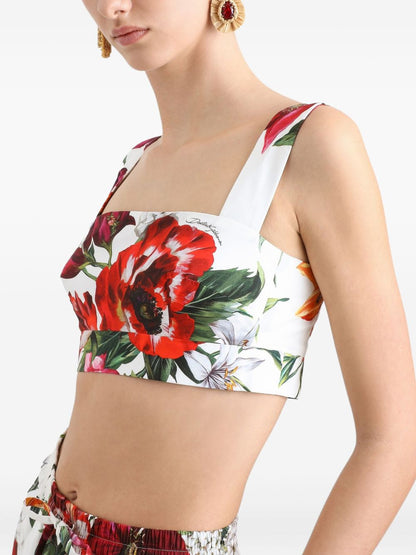 Dolce &amp; Gabbana Square-Neck Cropped Floral-Print Cotton Top White
