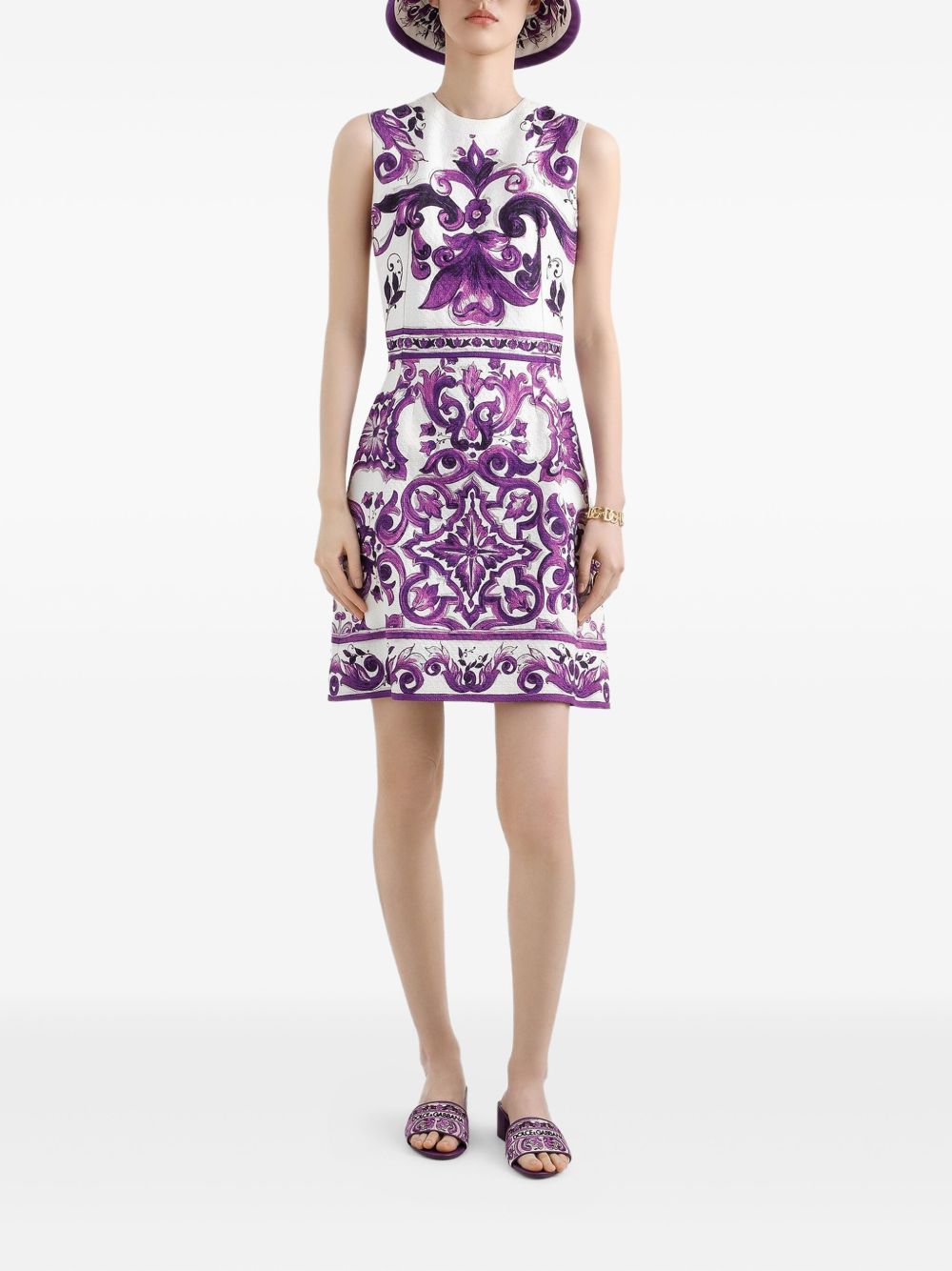 Dolce &amp; Gabbana Maiolica Print Sleeveless Cotton-Blend Mini Dress Purple