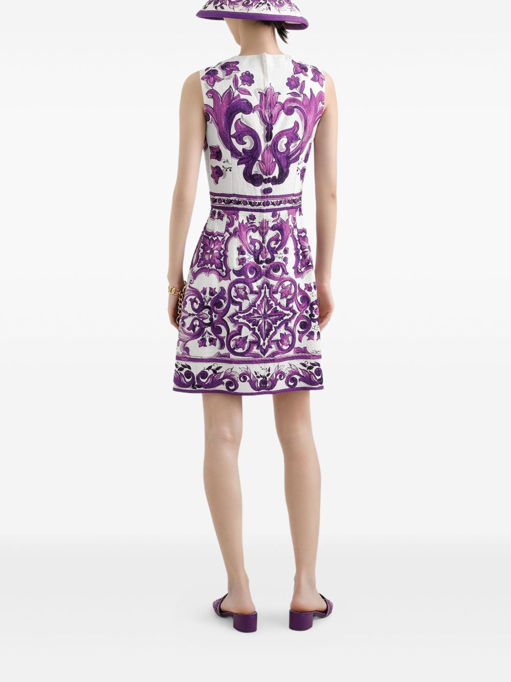 Dolce &amp; Gabbana Maiolica Print Sleeveless Cotton-Blend Mini Dress Purple