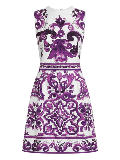 Dolce &amp; Gabbana Maiolica Print Sleeveless Cotton-Blend Mini Dress Purple